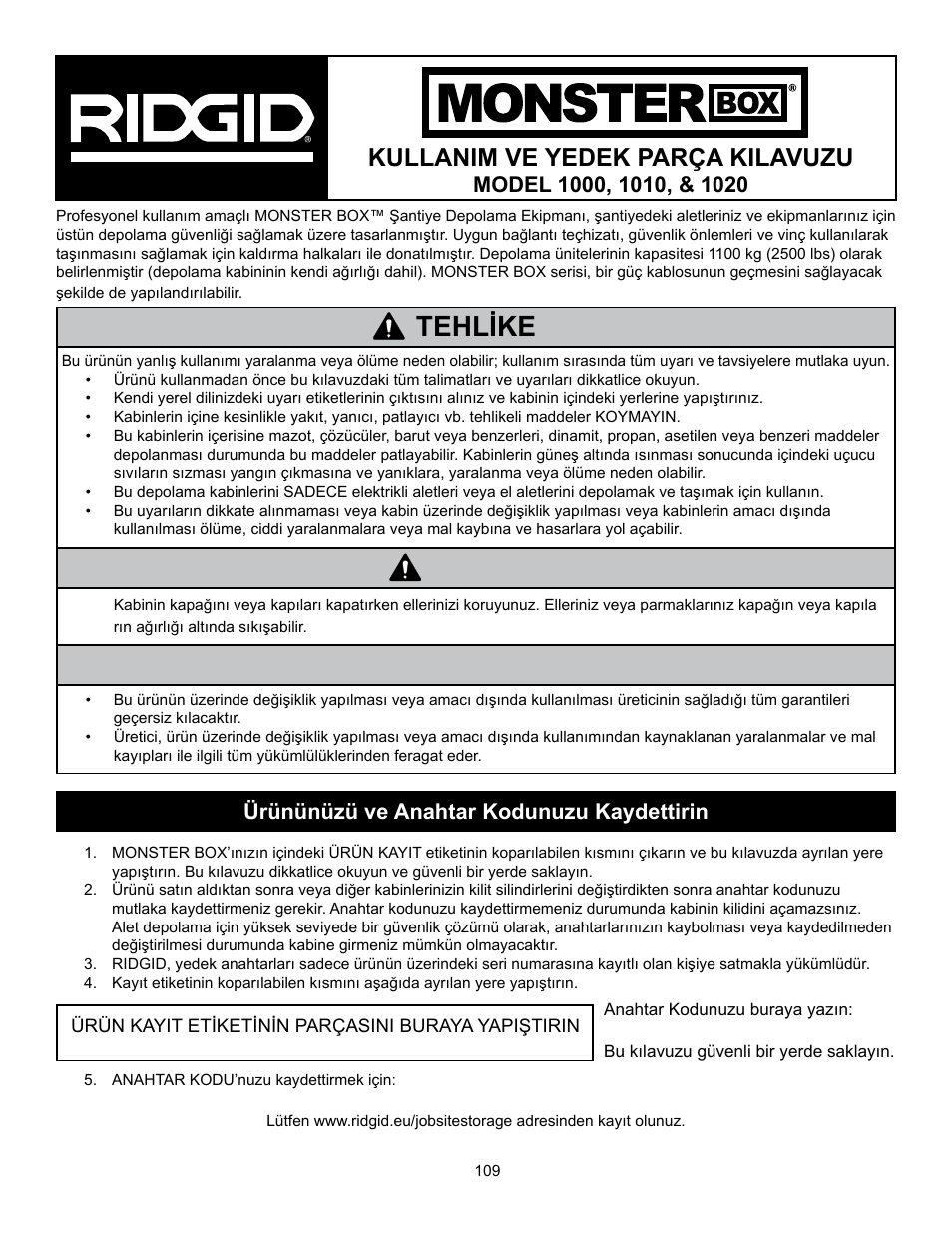 Tehlike uyari, Uyari, Kullanim ve yedek parça kilavuzu | Ürününüzü ve anahtar kodunuzu kaydettirin | RIDGID MONSTER BOX User Manual | Page 111 / 124