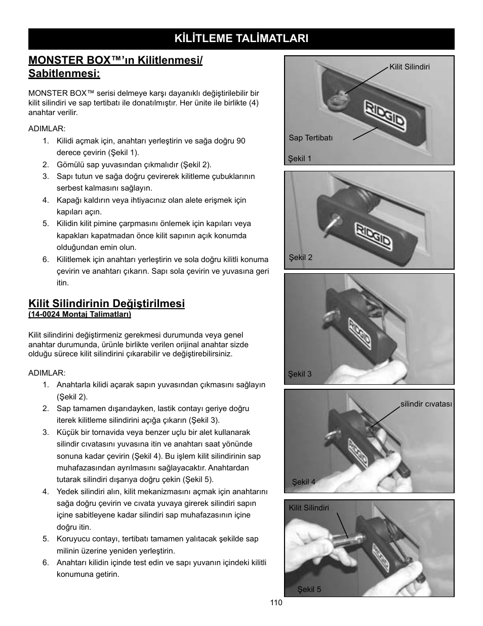 Kilit silindirinin değiştirilmesi, Monster box™’ın kilitlenmesi/ sabitlenmesi, Kilitleme talimatlari | RIDGID MONSTER BOX User Manual | Page 112 / 124