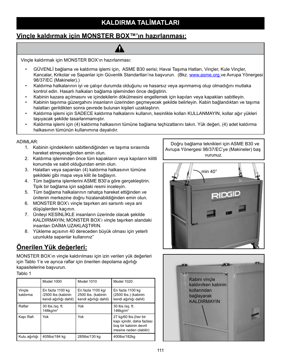 Uyari, Önerilen yük değerleri | RIDGID MONSTER BOX User Manual | Page 113 / 124