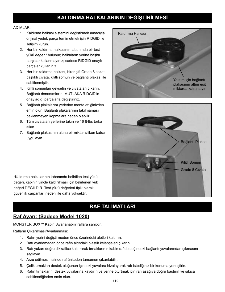 Raf ayarı: (sadece model 1020) | RIDGID MONSTER BOX User Manual | Page 114 / 124