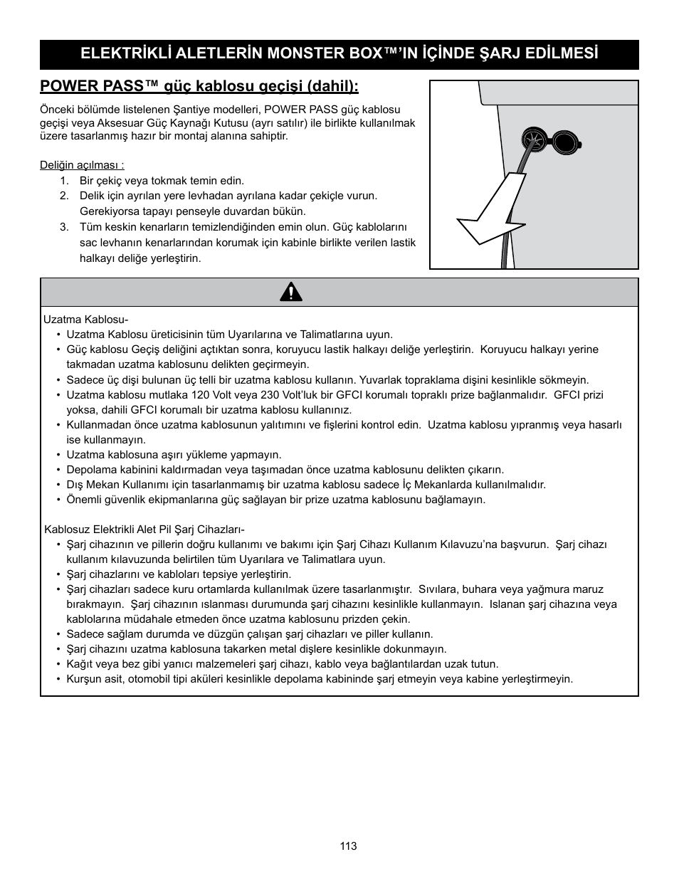 Uyari, Power pass™ güç kablosu geçişi (dahil) | RIDGID MONSTER BOX User Manual | Page 115 / 124