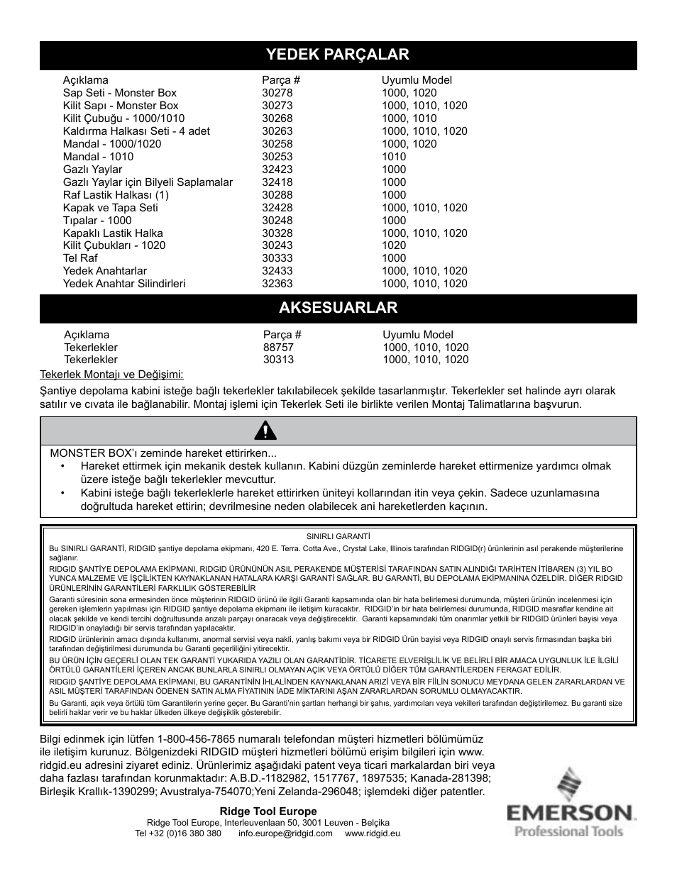 Uyari, Yedek parçalar, Aksesuarlar | RIDGID MONSTER BOX User Manual | Page 116 / 124