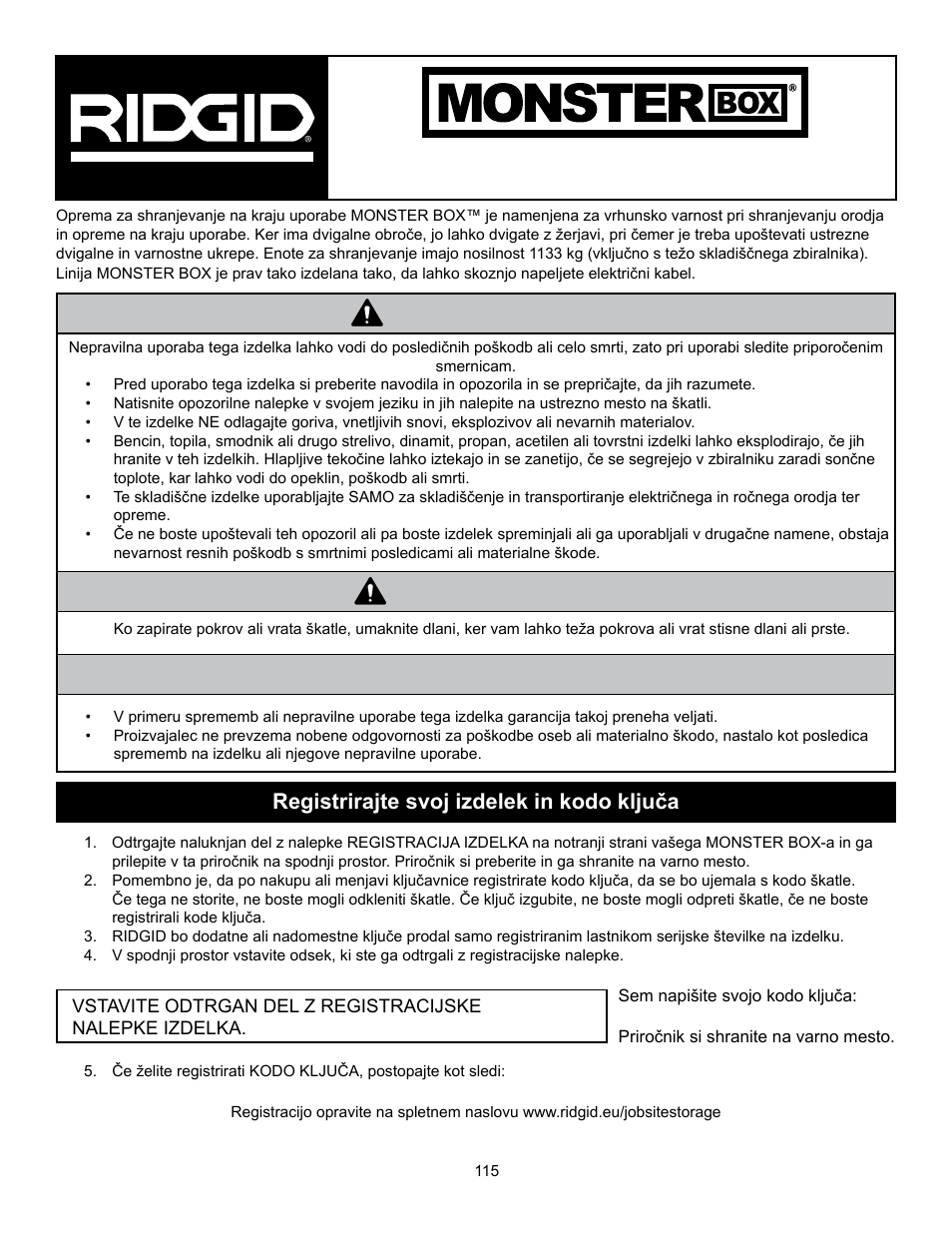 Nevarnost opomba, Opozorilo, Navodila za uporabo in popravila delov | Registrirajte svoj izdelek in kodo ključa | RIDGID MONSTER BOX User Manual | Page 117 / 124