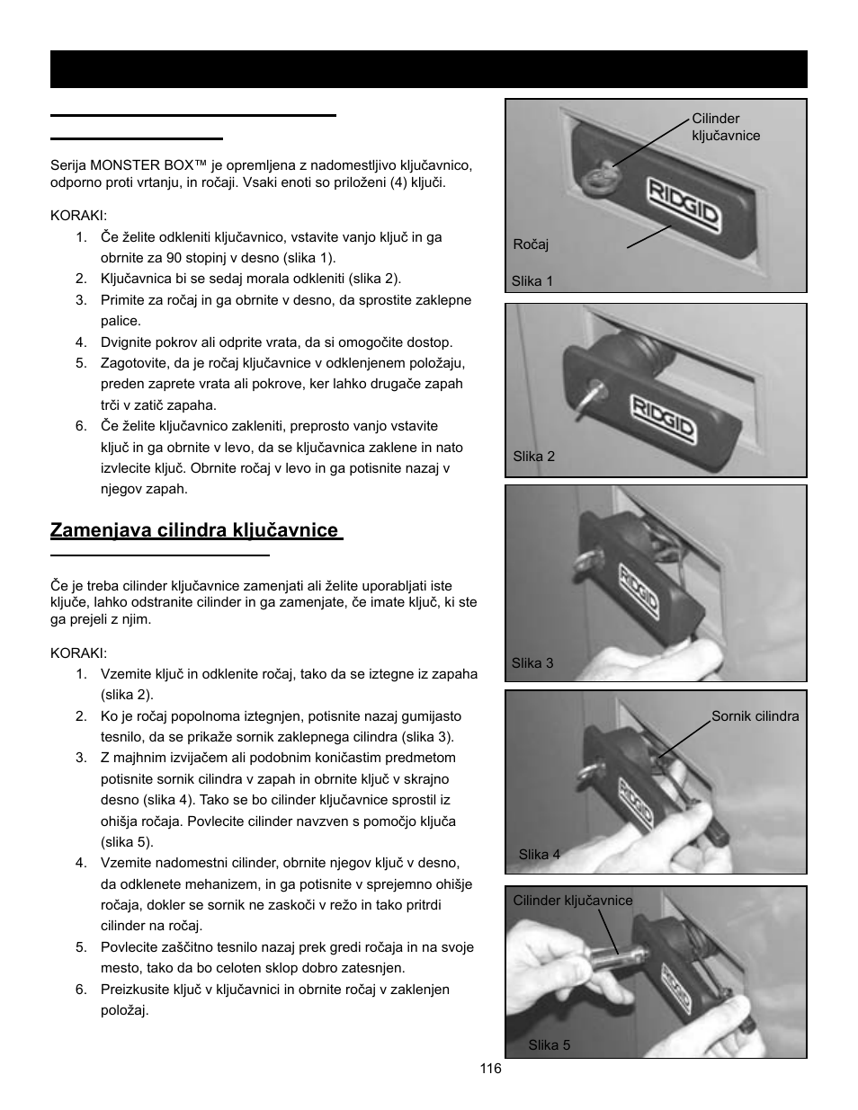 Zamenjava cilindra ključavnice, Zaklepanje/zavarovanje škatle monster box, Navodila za zaklepanje | RIDGID MONSTER BOX User Manual | Page 118 / 124