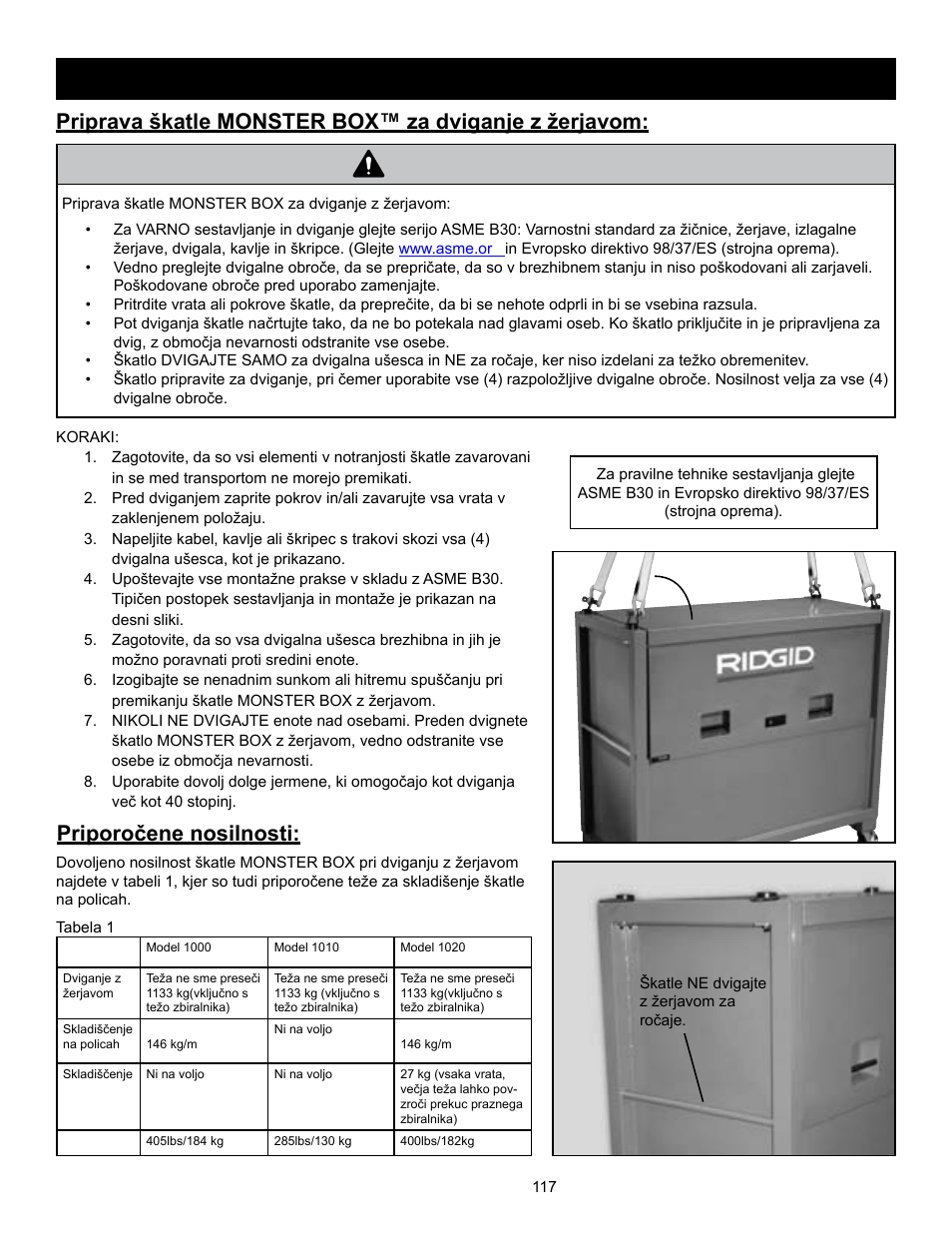 Opozorilo, Priporočene nosilnosti | RIDGID MONSTER BOX User Manual | Page 119 / 124