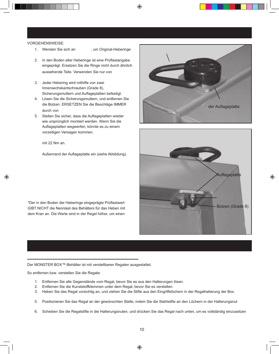 Verstellen der regale: (nur modell 1020), Anweisungen für die regale austausch der heberinge | RIDGID MONSTER BOX User Manual | Page 12 / 124