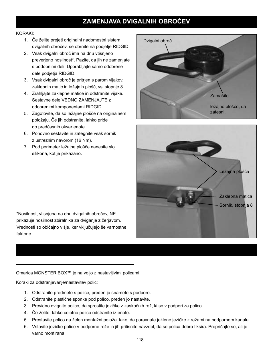 Nastavitev police: (samo za model l020), Navodila za police zamenjava dvigalnih obročev | RIDGID MONSTER BOX User Manual | Page 120 / 124