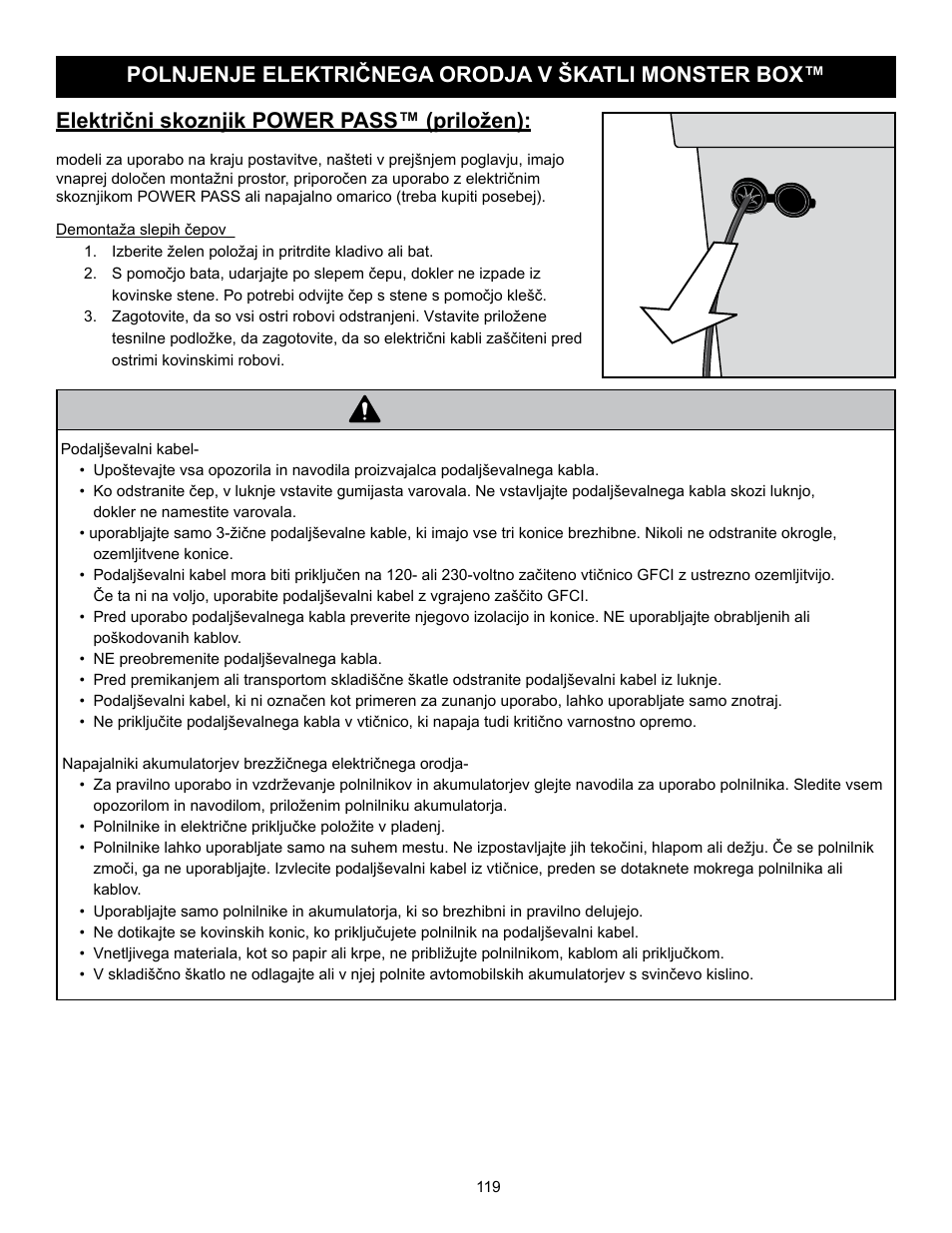 Opozorilo, Električni skoznjik power pass™ (priložen), Polnjenje električnega orodja v škatli monster box | RIDGID MONSTER BOX User Manual | Page 121 / 124