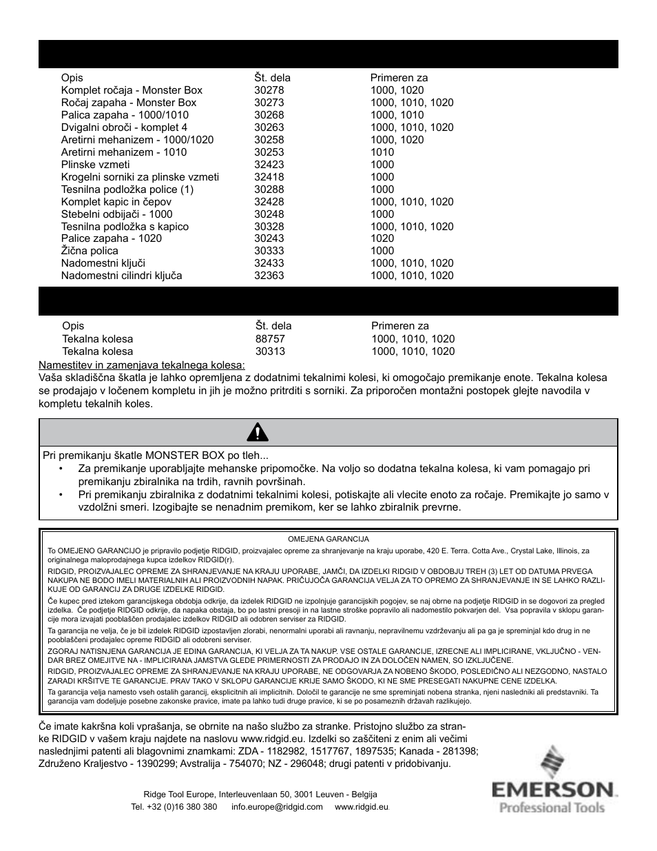 Opozorilo, Nadomestni deli, Dodatki | RIDGID MONSTER BOX User Manual | Page 122 / 124