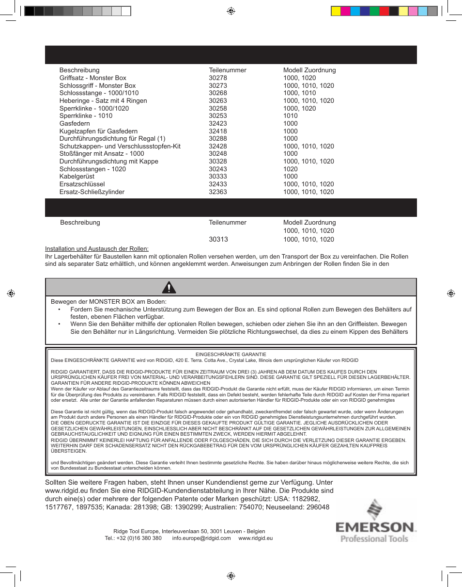 Warnhinweis, Ersatzteile, Zubehör | RIDGID MONSTER BOX User Manual | Page 14 / 124