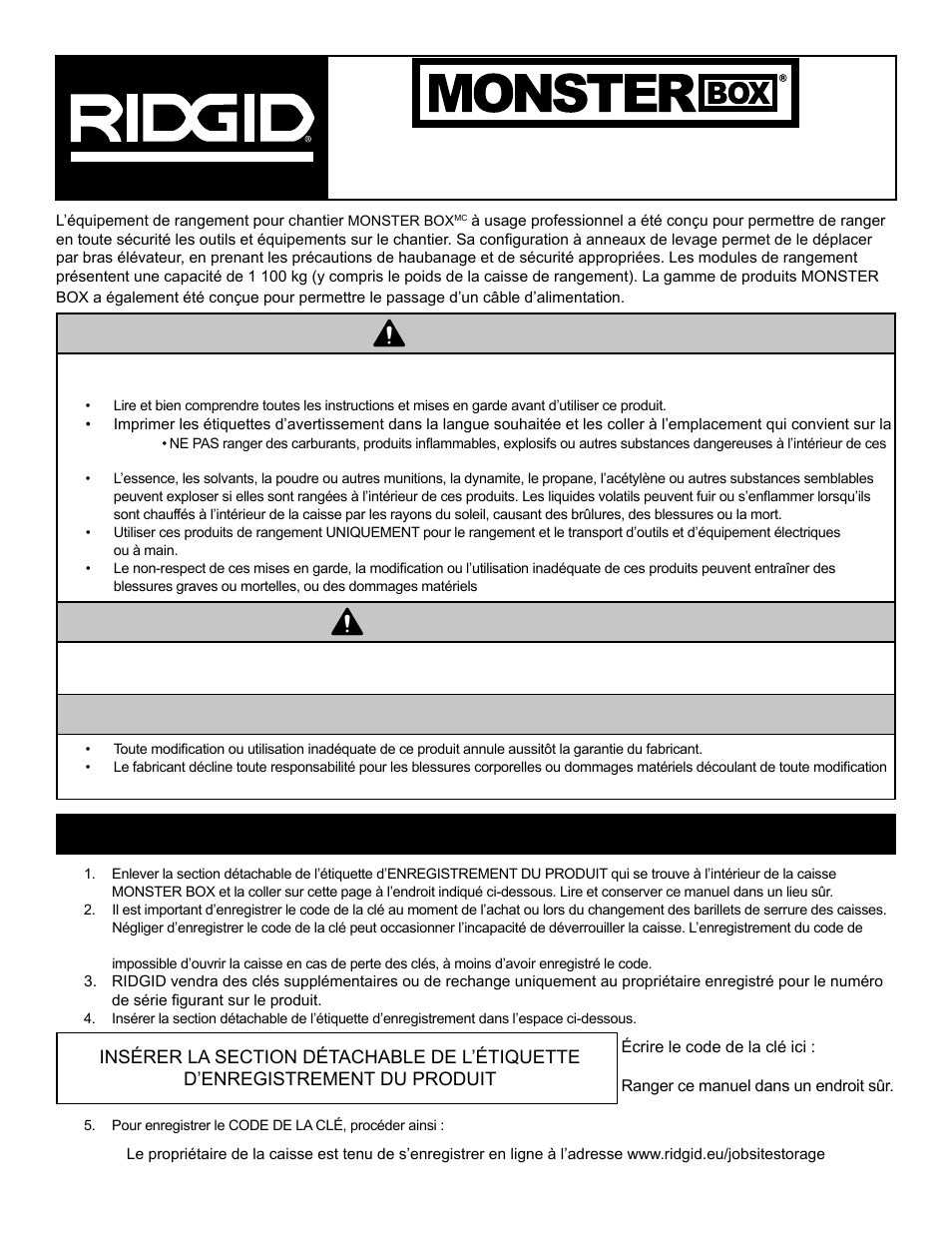 Danger remarque, Mise en garde, Enregistrement de votre produit et code de clé | Manuel d’instructions et de réparation des pièces | RIDGID MONSTER BOX User Manual | Page 15 / 124