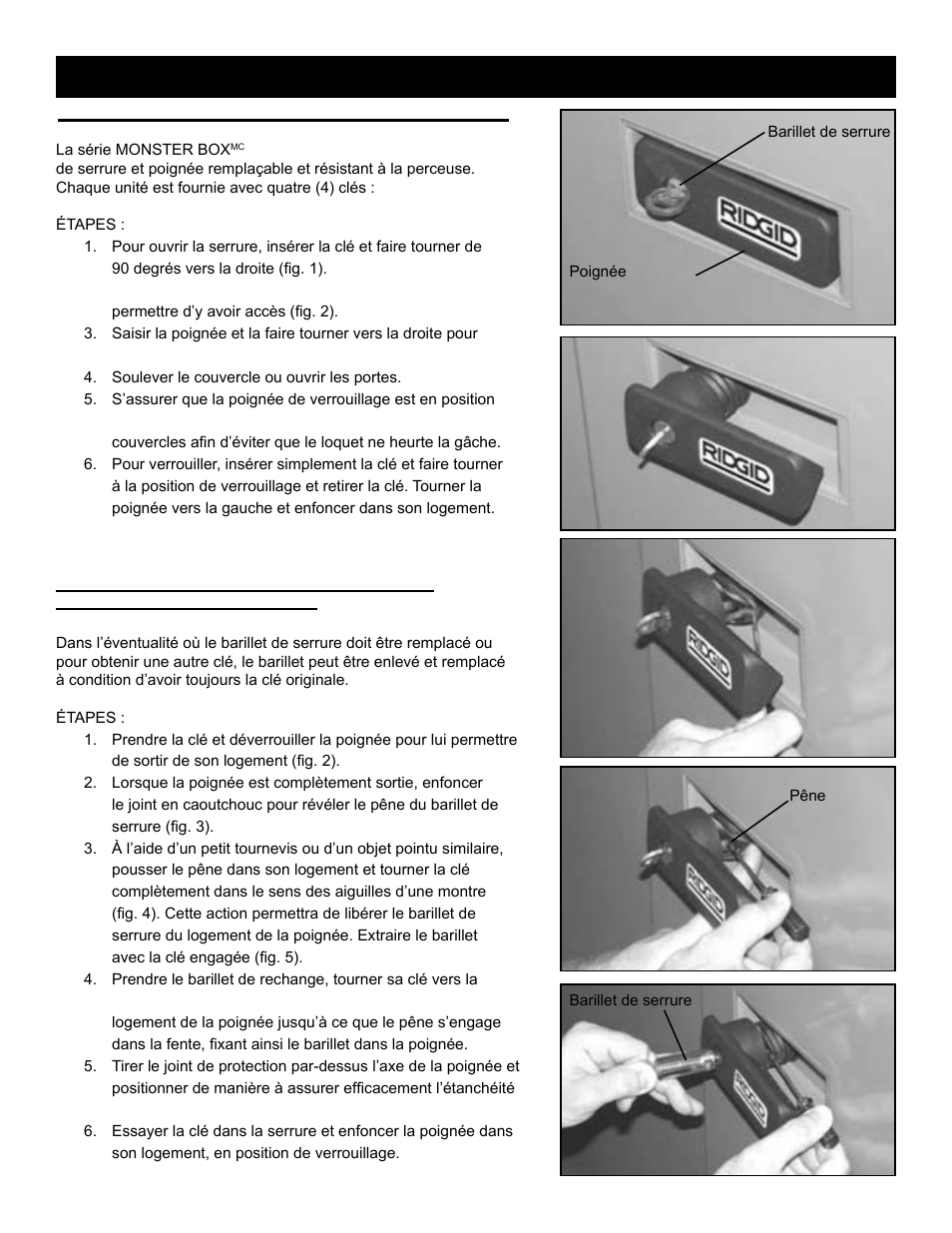 Remplacement du barillet de serrure, Verrouillage de la caisse monster box, Instructions de verrouillage | RIDGID MONSTER BOX User Manual | Page 16 / 124