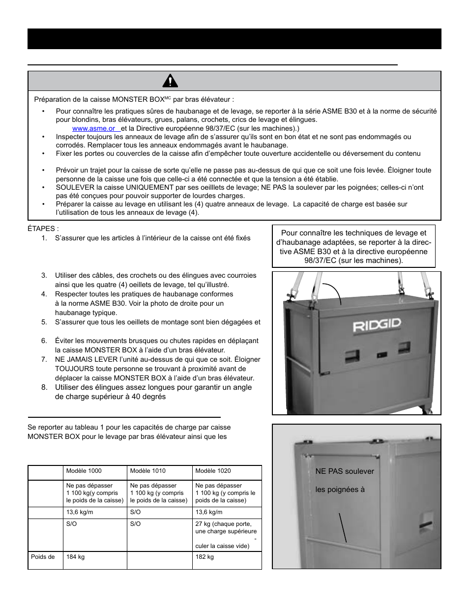 Mise en garde, Préparation de levage de la caisse monster box, Par bras élévateur : instructions de levage | Capacités de charge recommandées | RIDGID MONSTER BOX User Manual | Page 17 / 124