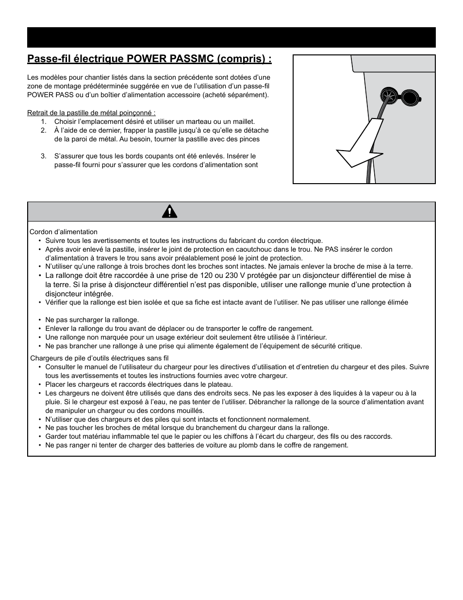 Mise en garde, Passe-fil électrique power passmc (compris) | RIDGID MONSTER BOX User Manual | Page 19 / 124