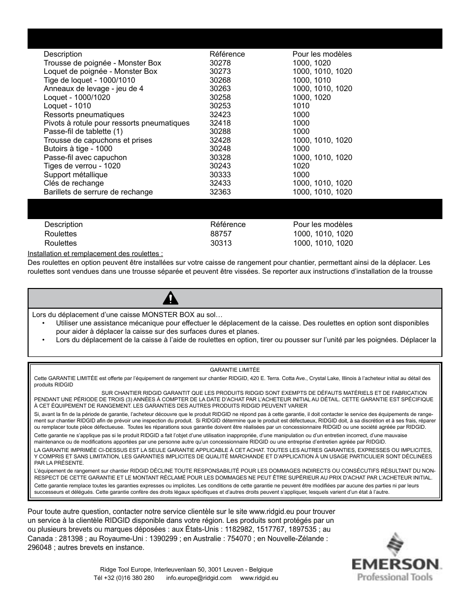 Mise en garde, Pièces de rechange, Accessoires | RIDGID MONSTER BOX User Manual | Page 20 / 124