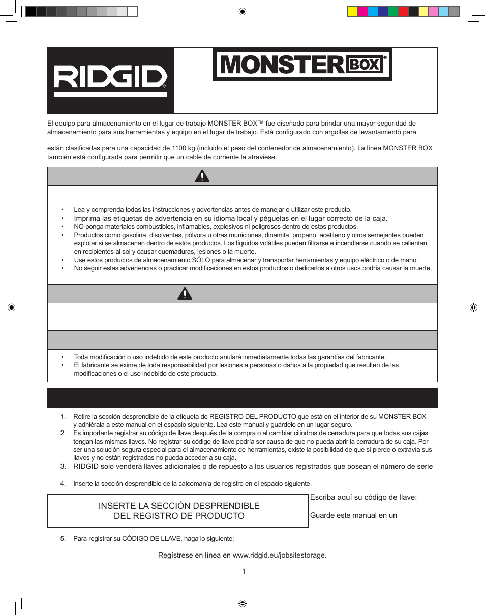 Peligro aviso, Advertencia, Manual de instrucciones y repuestos | Registre su producto y código de llave | RIDGID MONSTER BOX User Manual | Page 21 / 124