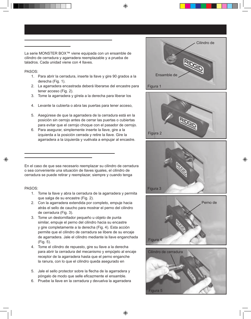 Reemplazo del cilindro de cerradura, Cómo cerrar con llave/asegurar su monster box, Instrucciones de cierre | RIDGID MONSTER BOX User Manual | Page 22 / 124