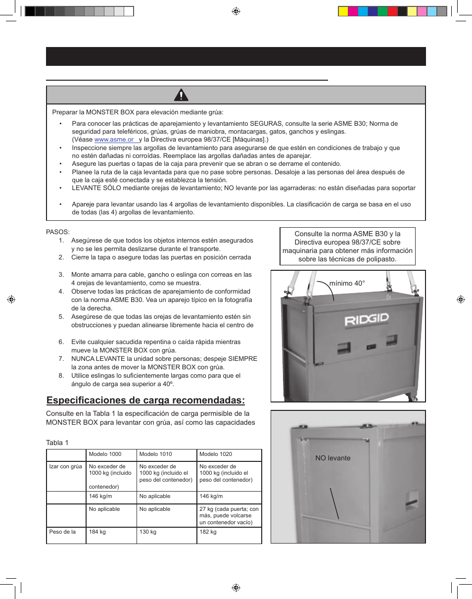 Advertencia, Especificaciones de carga recomendadas | RIDGID MONSTER BOX User Manual | Page 23 / 124