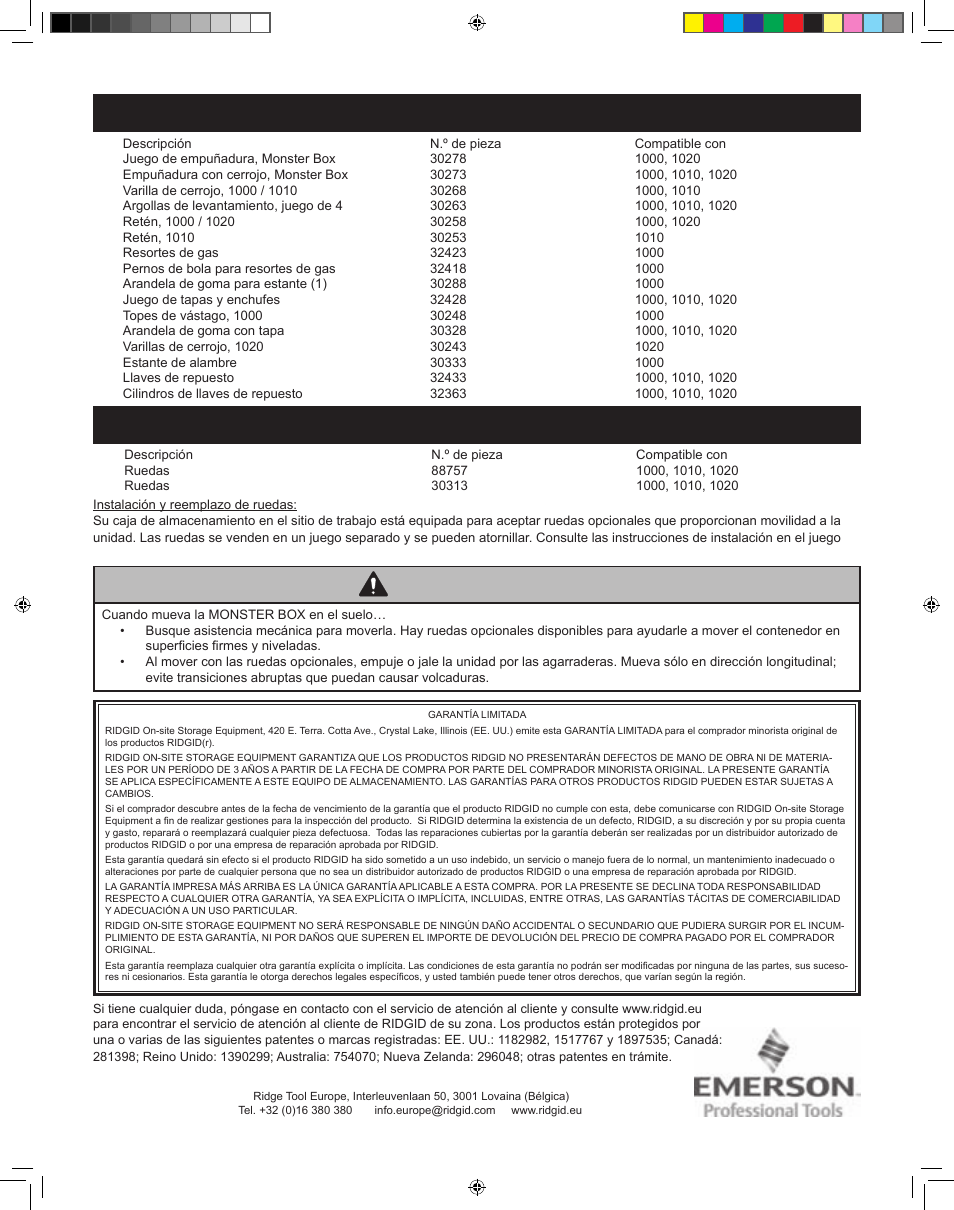 Advertencia, Repuestos, Accessorios | RIDGID MONSTER BOX User Manual | Page 26 / 124