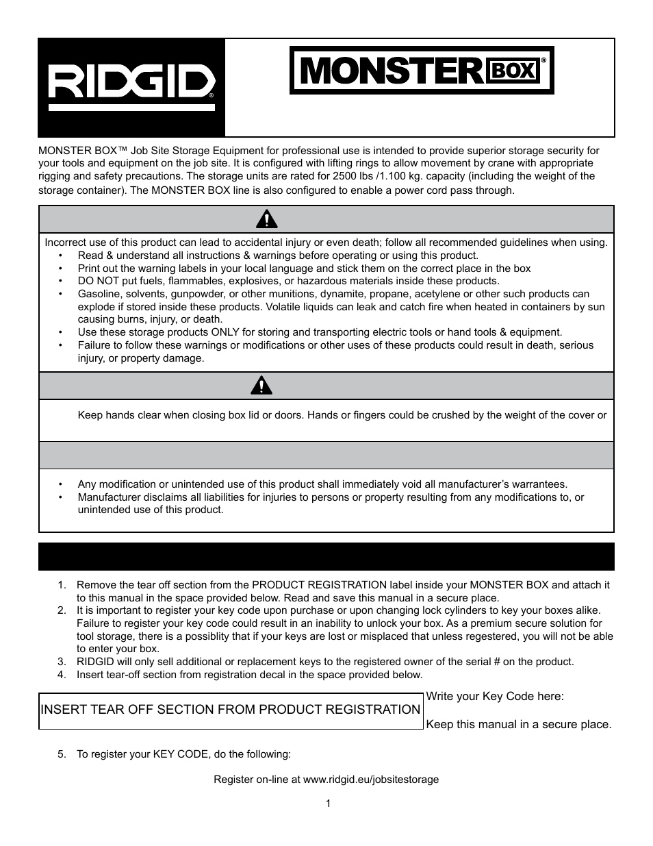 Danger notice, Warning, Instruction and repair parts manual | Register your product and key code | RIDGID MONSTER BOX User Manual | Page 3 / 124