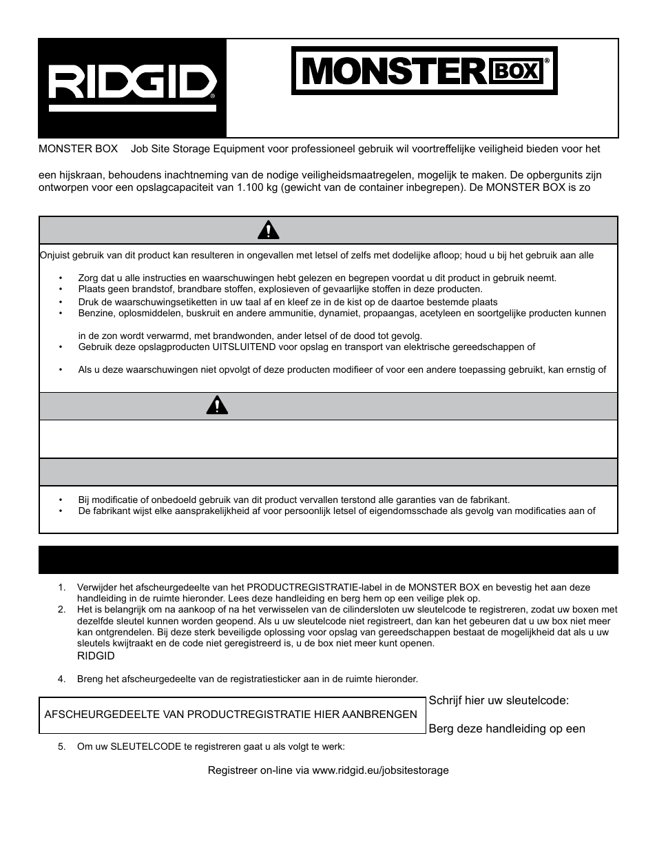 Gevaar kennisgeving, Waarschuwing, Registreer uw product en sleutelcode | RIDGID MONSTER BOX User Manual | Page 33 / 124