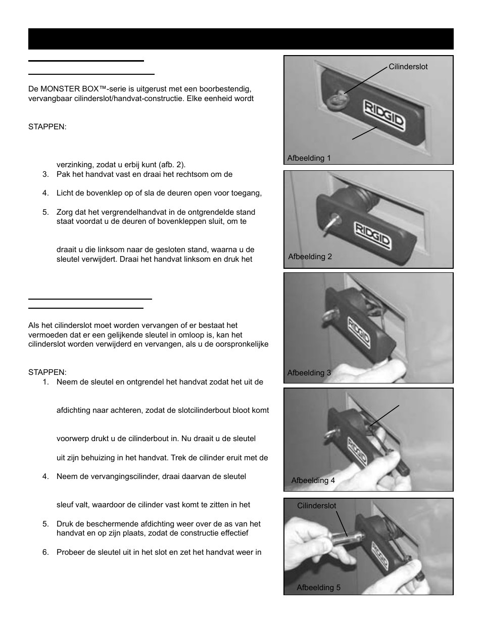 Vervanging cilinderslot, Uw monster box™ op slot doen/beveiligen, Vergrendelingsinstructies | RIDGID MONSTER BOX User Manual | Page 34 / 124