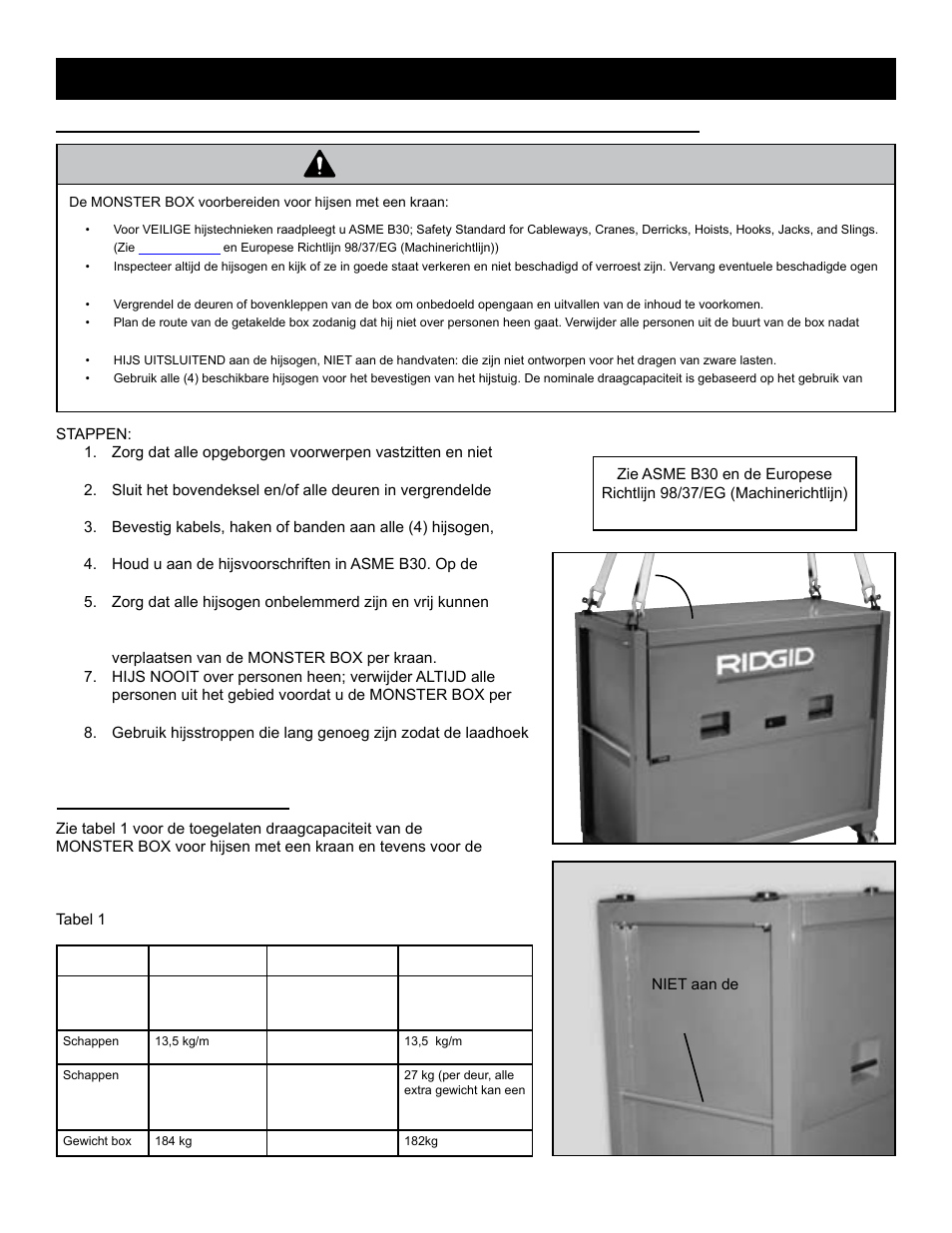 Waarschuwing, Aanbevolen belasting | RIDGID MONSTER BOX User Manual | Page 35 / 124