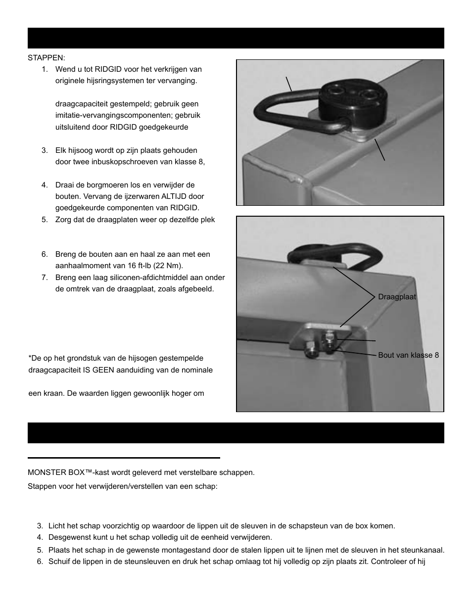 Schapverstelling: (alleen model 1020), Instructies schappen hijsogen vervangen | RIDGID MONSTER BOX User Manual | Page 36 / 124