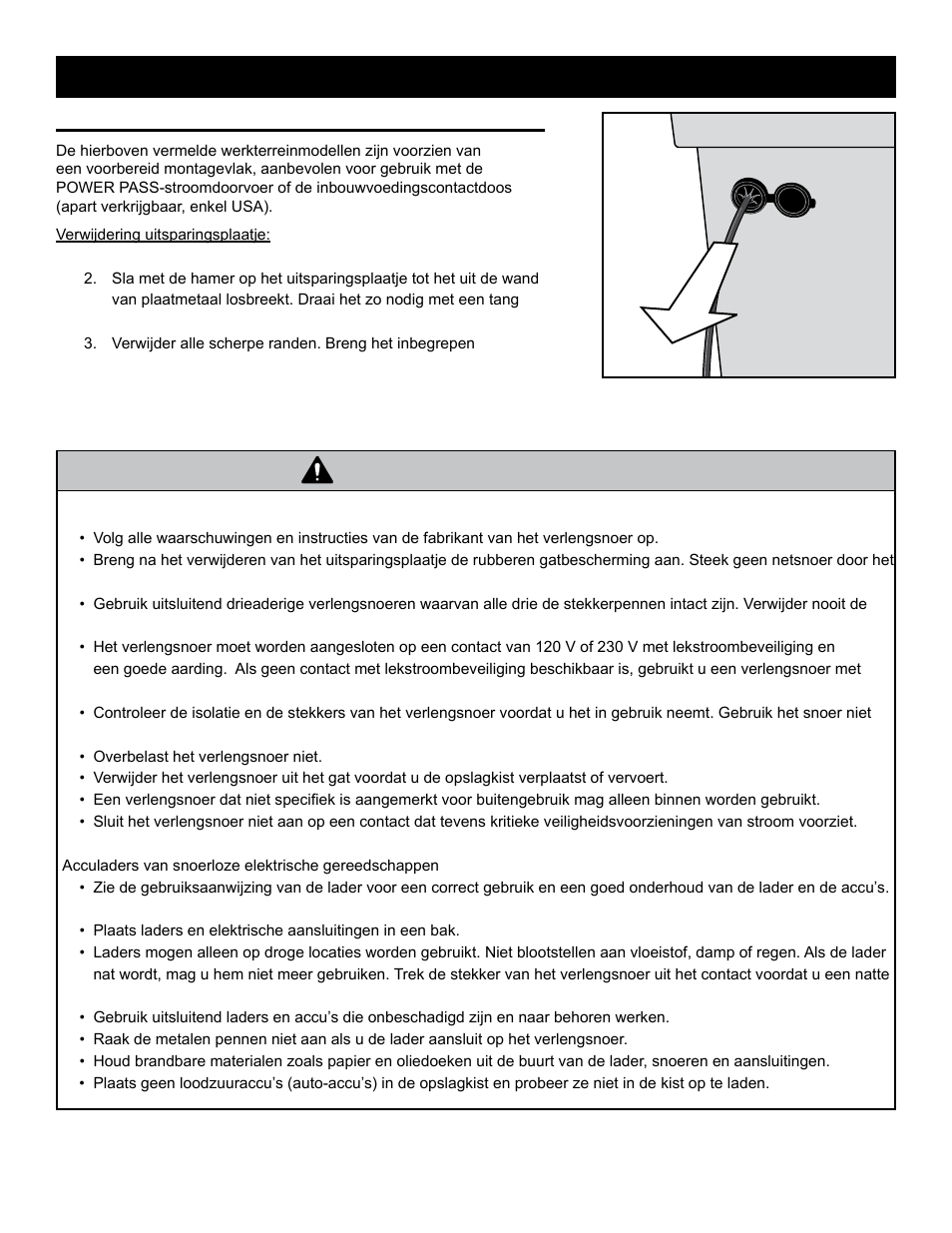 Waarschuwing, Power pass™-stroomdoorvoer (inbegrepen), Elektrisch gereedschap opladen in uw monster box | RIDGID MONSTER BOX User Manual | Page 37 / 124