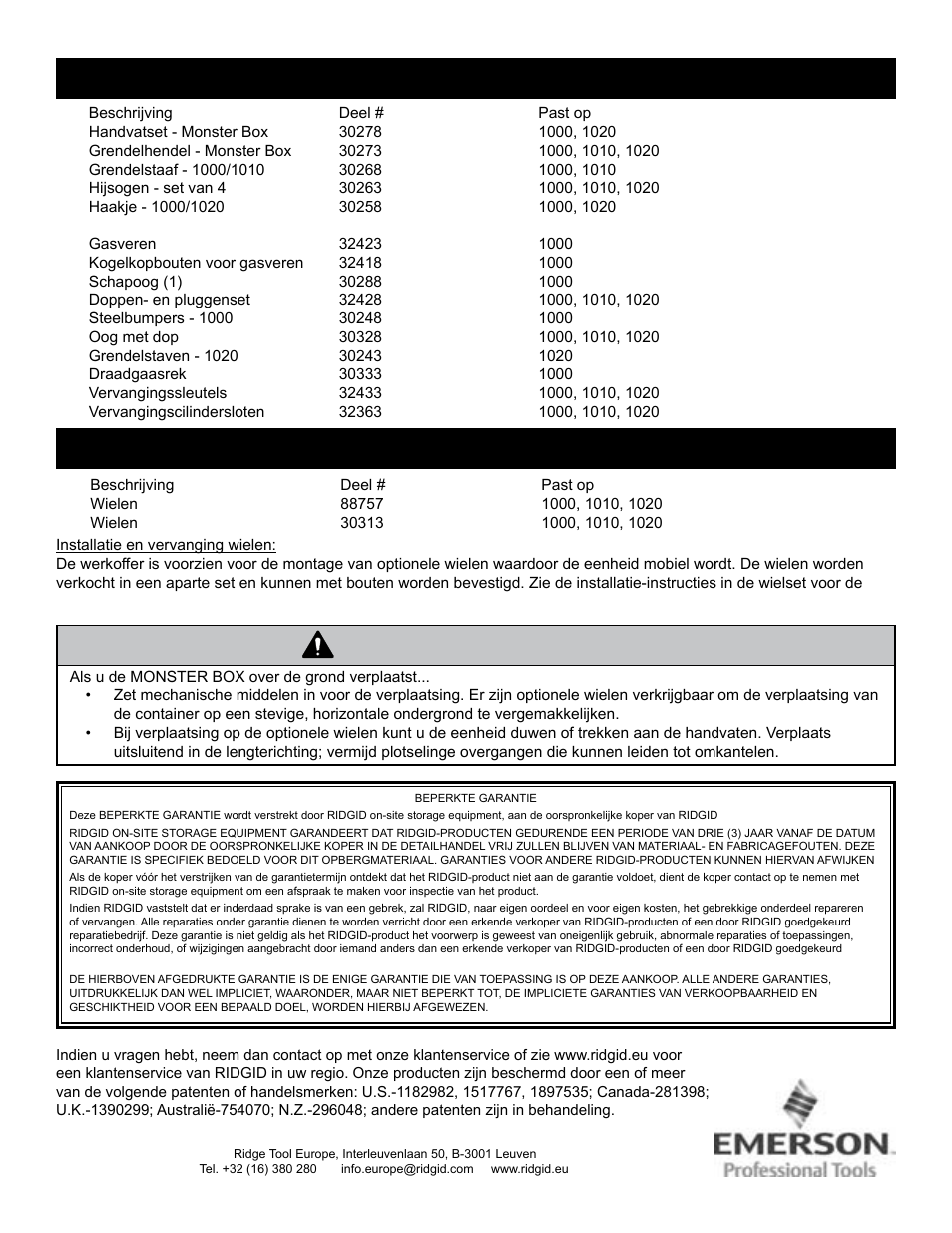 Waarschuwing, Vervangingsonderdelen, Accessoires | RIDGID MONSTER BOX User Manual | Page 38 / 124