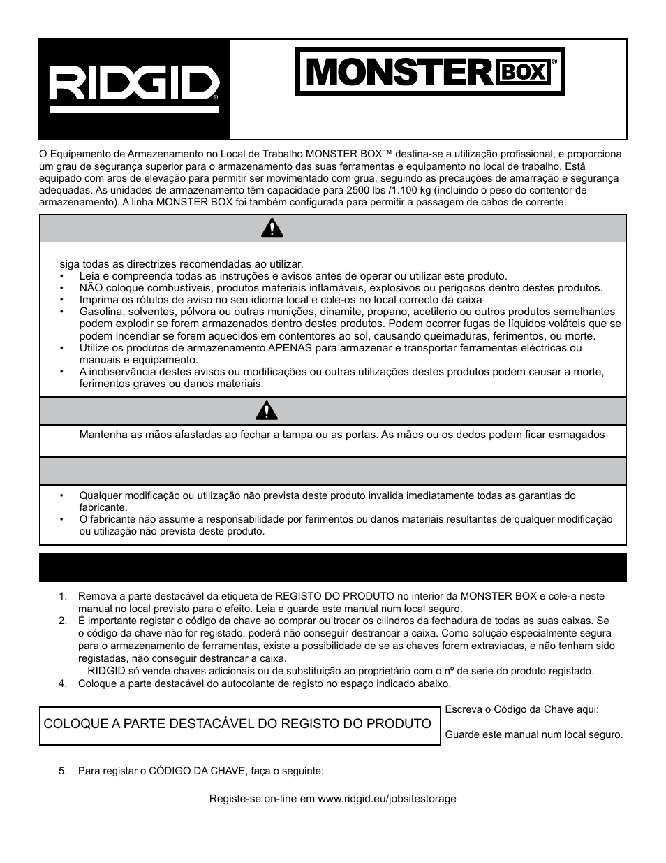 Perigo aviso, Aviso, Registar o produto e o código da chave | Manual de instruções e de peças sobresselentes | RIDGID MONSTER BOX User Manual | Page 39 / 124