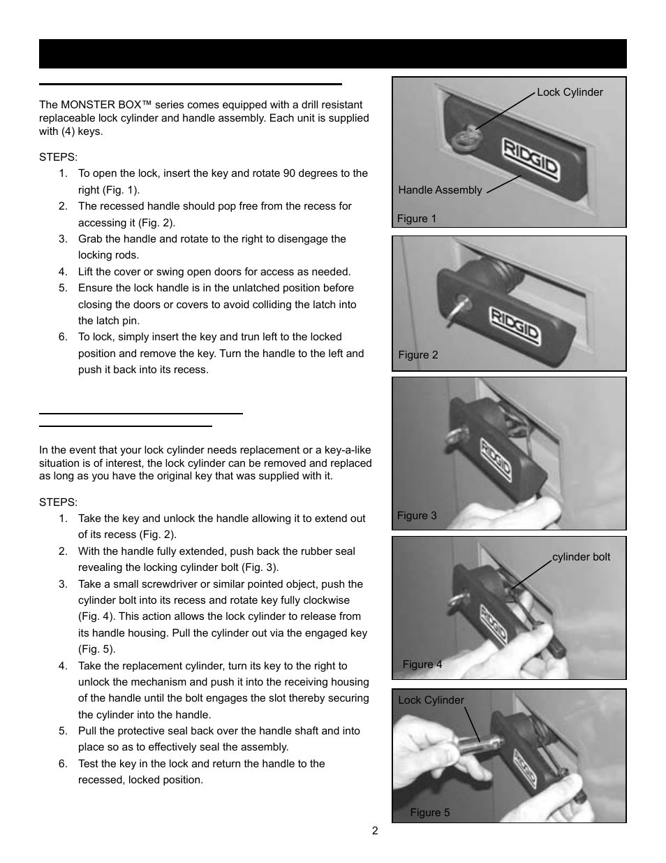 Lock cylinder replacement, Locking/securing your monster box, Locking instructions | RIDGID MONSTER BOX User Manual | Page 4 / 124