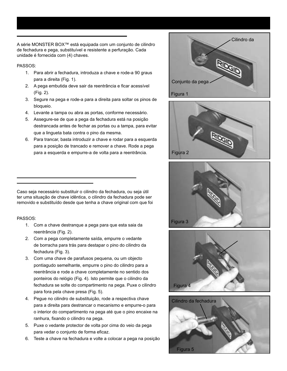 Substituição do cilindro da fechadura, Trancar/fechar a monster box, Instruções de fecho | RIDGID MONSTER BOX User Manual | Page 40 / 124