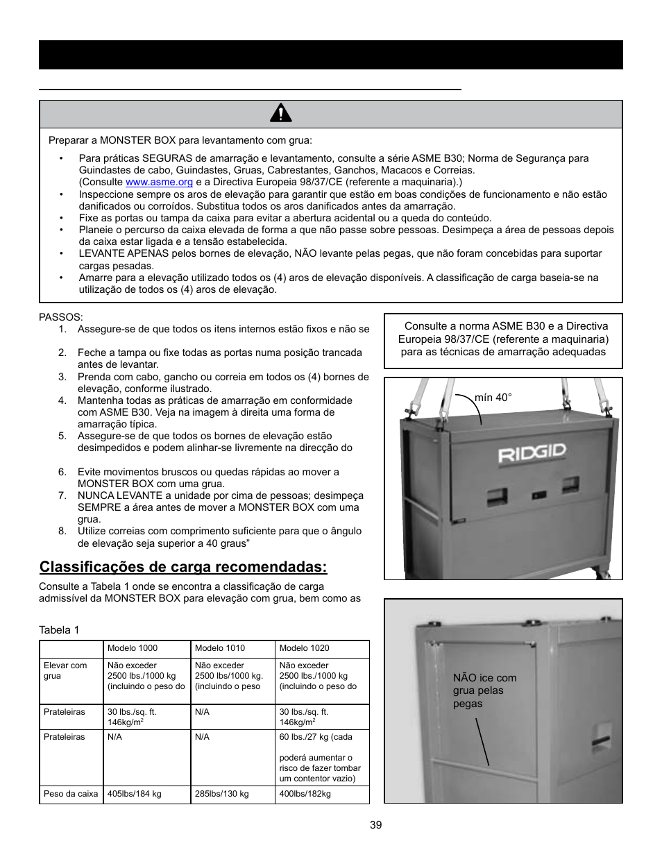 Aviso, Classificações de carga recomendadas | RIDGID MONSTER BOX User Manual | Page 41 / 124