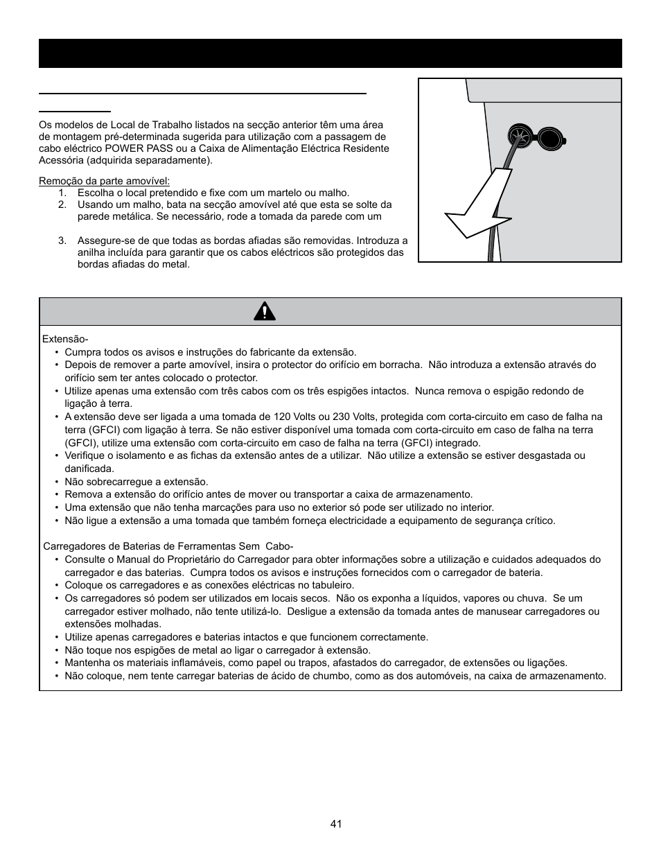 Aviso, Passagem cabo de eléctrico power pass™ (incluída), Recarregar ferramentas eléctricas na monster box | RIDGID MONSTER BOX User Manual | Page 43 / 124