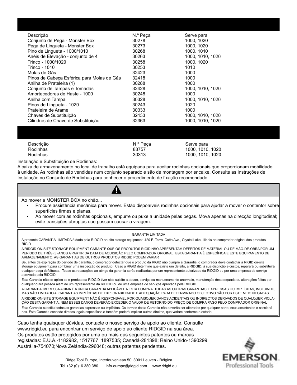 Aviso, Peças sobresselentes, Acessórios | RIDGID MONSTER BOX User Manual | Page 44 / 124