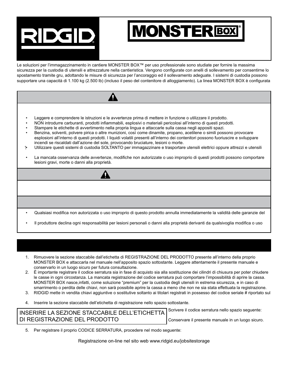 Pericolo avviso, Avvertenza, Registrazione del prodotto e del codice serratura | RIDGID MONSTER BOX User Manual | Page 45 / 124