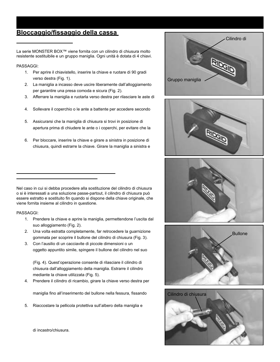 Sostituzione cilindro di chiusura, Bloccaggio/fissaggio della cassa monster box, Istruzioni di bloccaggio | RIDGID MONSTER BOX User Manual | Page 46 / 124