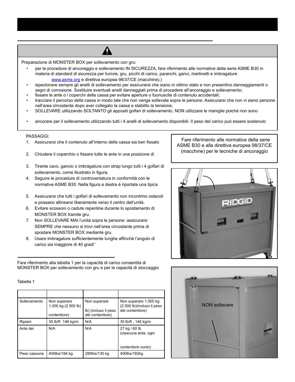 Avvertenza, Capacità di carico consigliate | RIDGID MONSTER BOX User Manual | Page 47 / 124