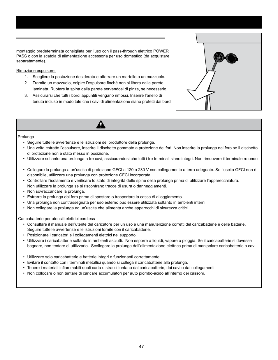 Avvertenza, Pass-through elettrico power pass™ (incluso) | RIDGID MONSTER BOX User Manual | Page 49 / 124