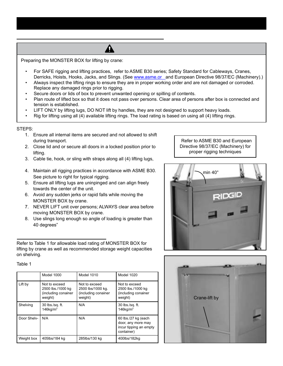 Warning, Recommended load ratings | RIDGID MONSTER BOX User Manual | Page 5 / 124