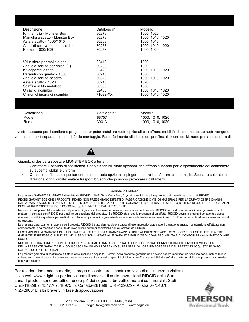 Avvertenza, Parti di ricambio, Accessori | RIDGID MONSTER BOX User Manual | Page 50 / 124