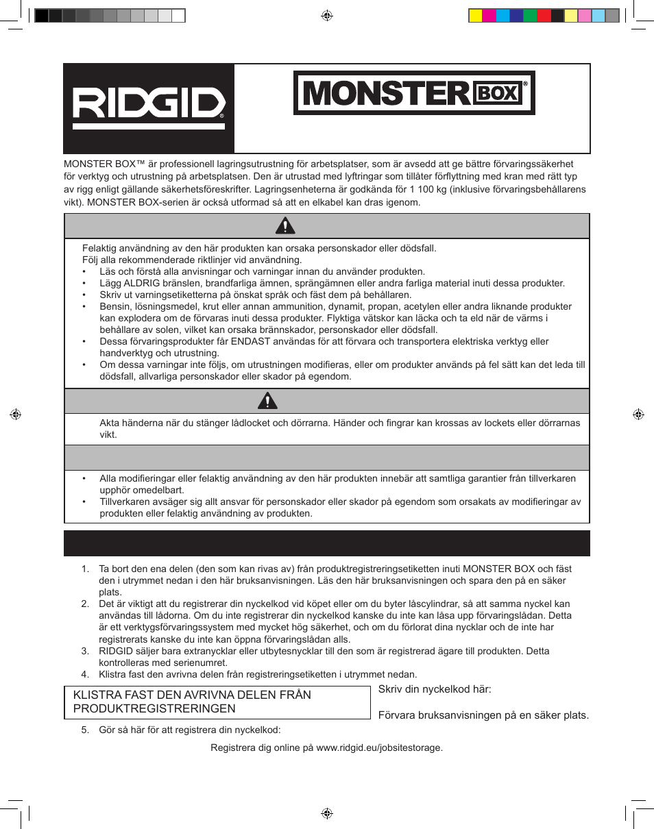 Fara obs, Varning, Bruksanvisning och reservdelar | Registrera din produkt och nyckelkod | RIDGID MONSTER BOX User Manual | Page 51 / 124