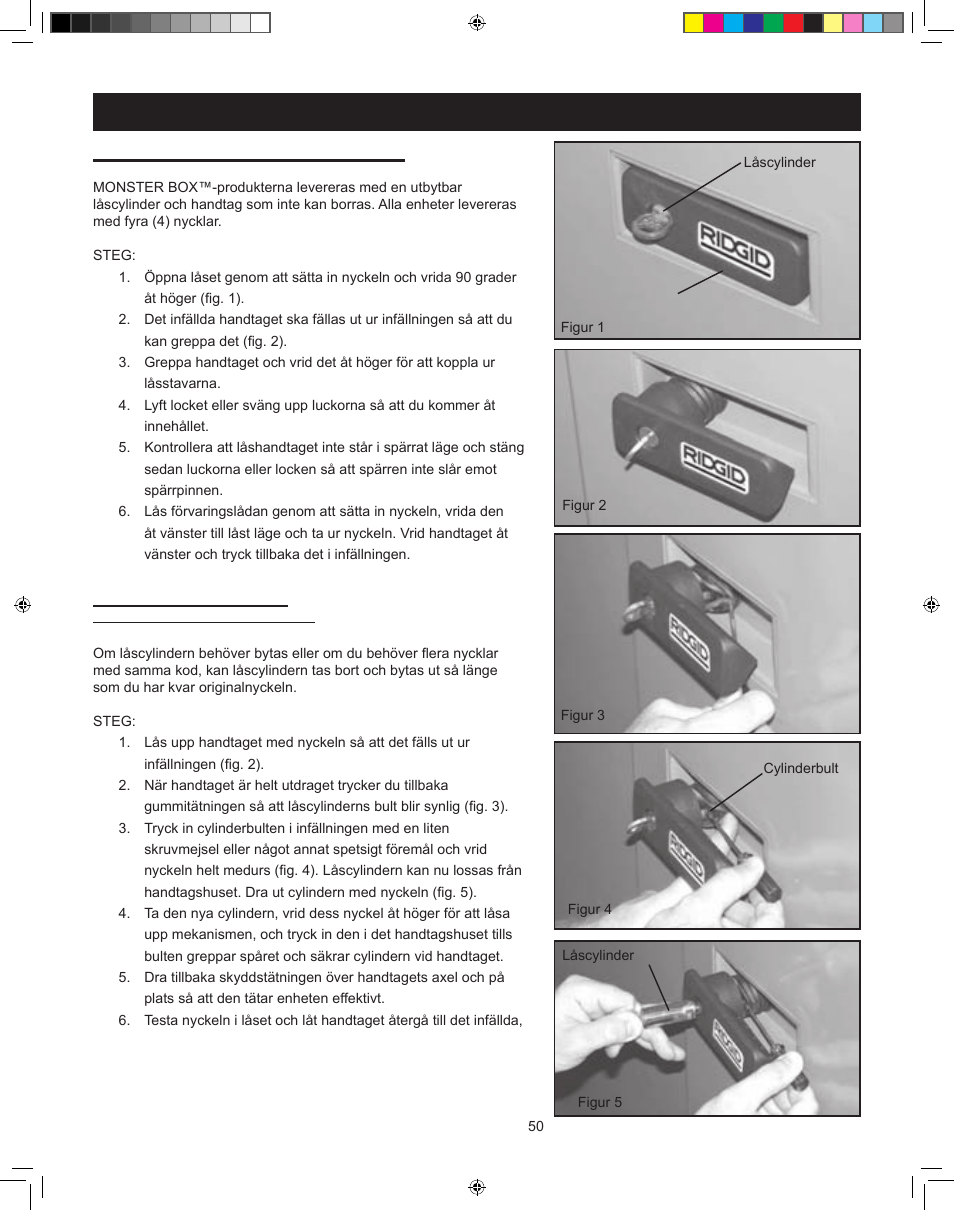 Låscylinder (reserv), Låsa/säkra en monster box, Anvisningar för låsning | RIDGID MONSTER BOX User Manual | Page 52 / 124