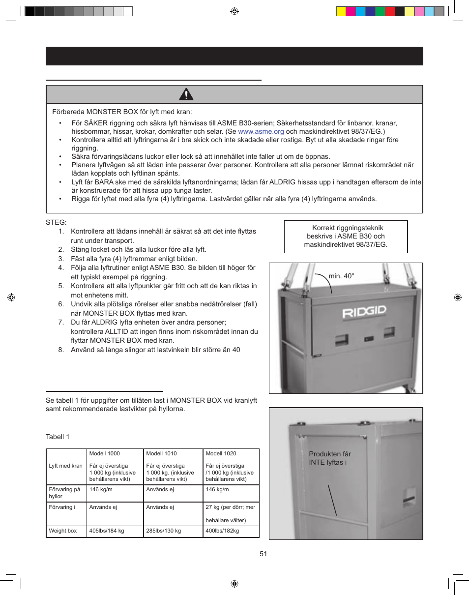 Varning, Rekommenderade laster | RIDGID MONSTER BOX User Manual | Page 53 / 124