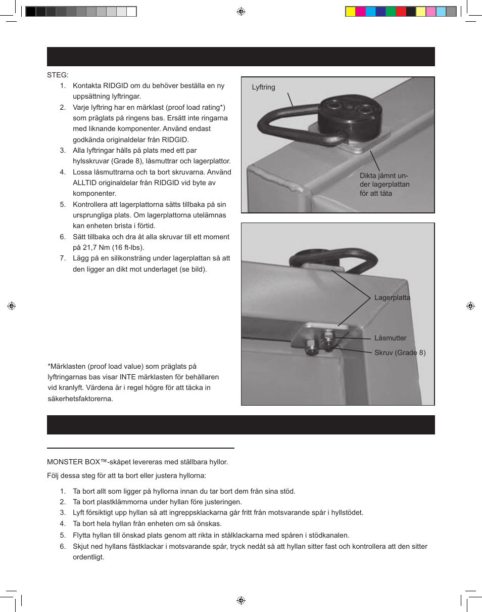 Ställa in hyllorna: (endast modell 1020), Anvisningar för hylla byta lyftringarna | RIDGID MONSTER BOX User Manual | Page 54 / 124