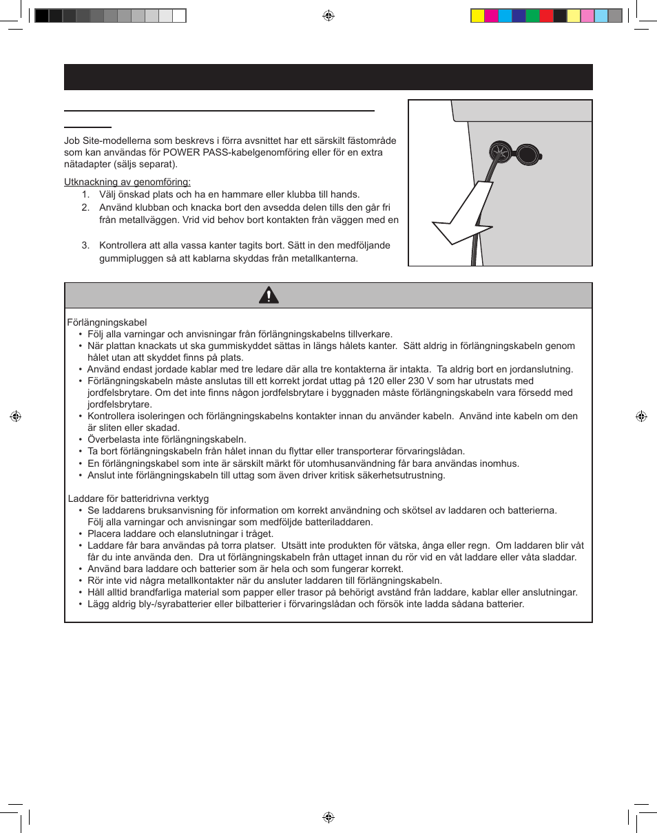 Varning, Power pass™-kabelgenomföring för elkablar (ingår), Ladda uppladdningsbara verktyg i monster box | RIDGID MONSTER BOX User Manual | Page 55 / 124