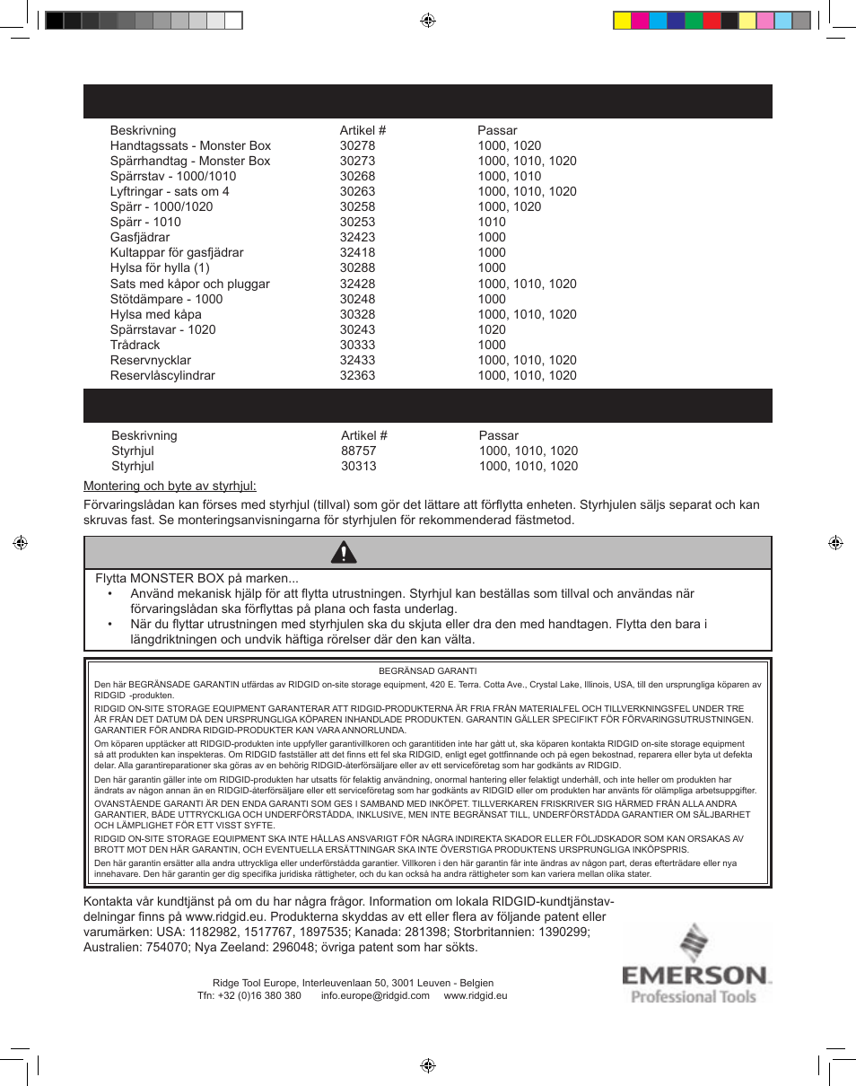 Varning, Reservdelar, Tillbehör | RIDGID MONSTER BOX User Manual | Page 56 / 124