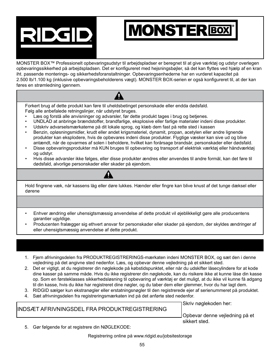 Fare bemærkning, Advarsel, Brugs- og reservedelsvejledning | Registrer produkt- og nøglekoden | RIDGID MONSTER BOX User Manual | Page 57 / 124