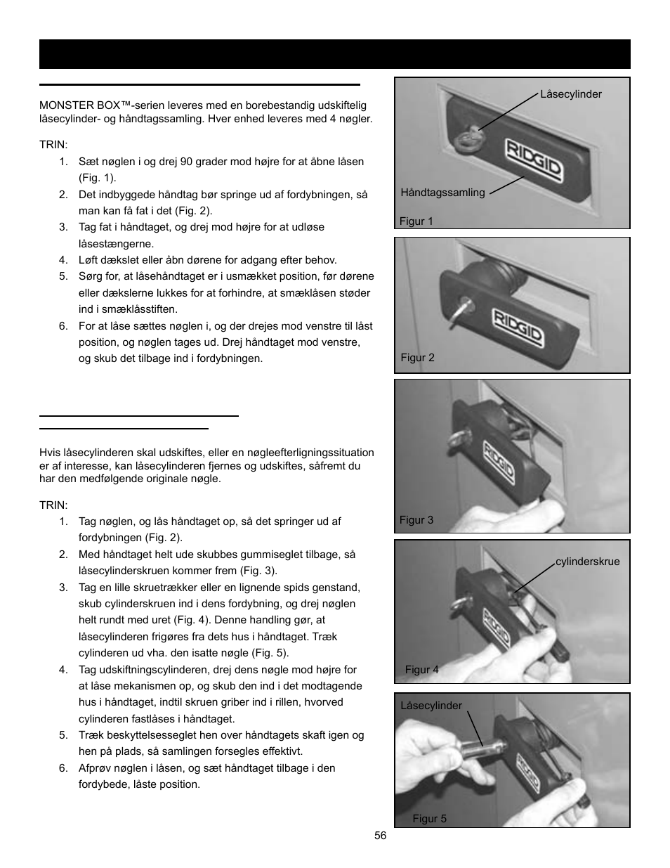 Udskiftning af låsecylinder, Sådan låser/sikrer du din monster box, Låseanvisninger | RIDGID MONSTER BOX User Manual | Page 58 / 124